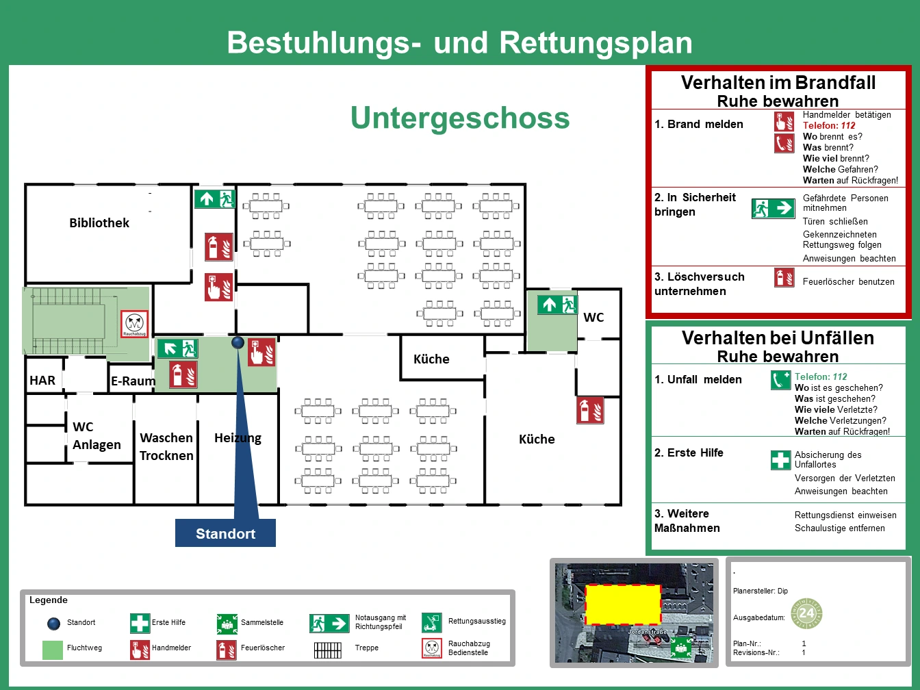 Bestuhlungs- und Rettungswegeplan nach SBauVO NRW und DIN ISO 23601 für eine Versammlungsstätte