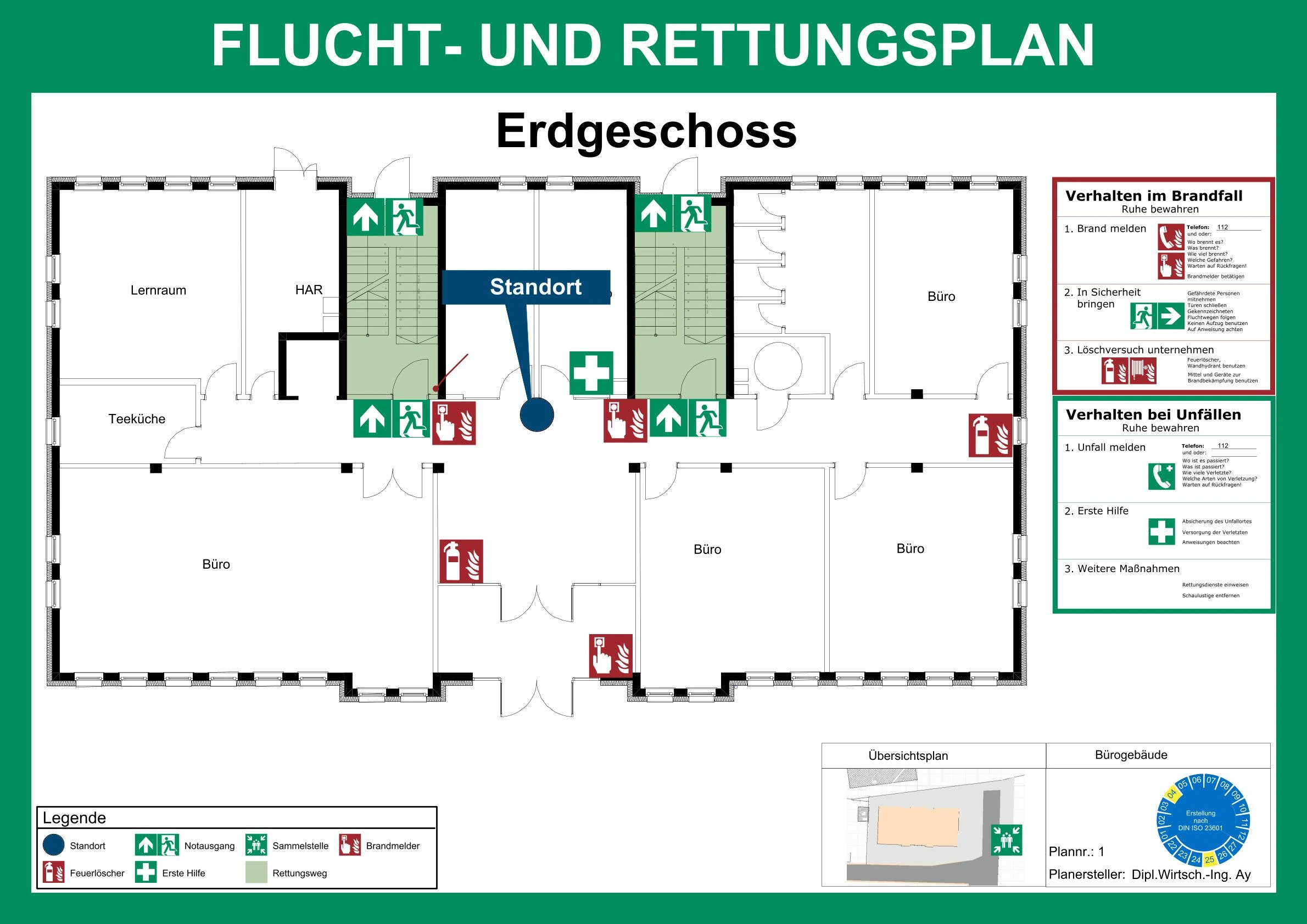 Flucht- und Rettungsplan nach DIN ISO 23601 mit Fluchtwegen, Sammelplatz und Sicherheitszeichen