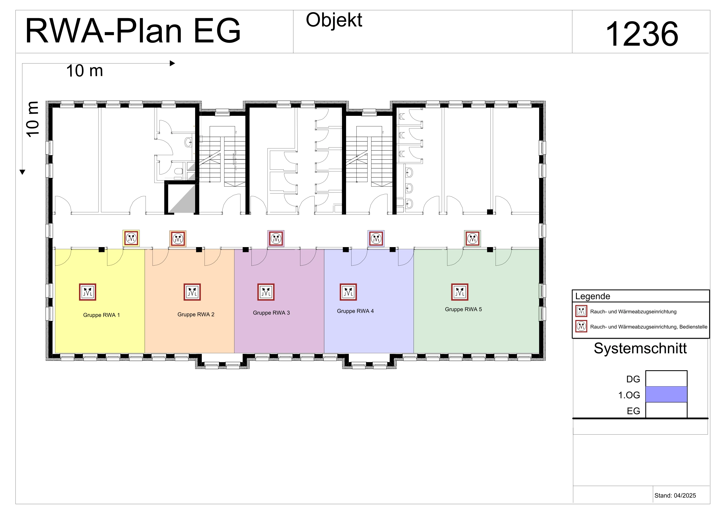 RWA-Plan nach DIN 18232 für Industriehalle — Rauch-Wärme-Abzugsanlage mit Auslösepunkten